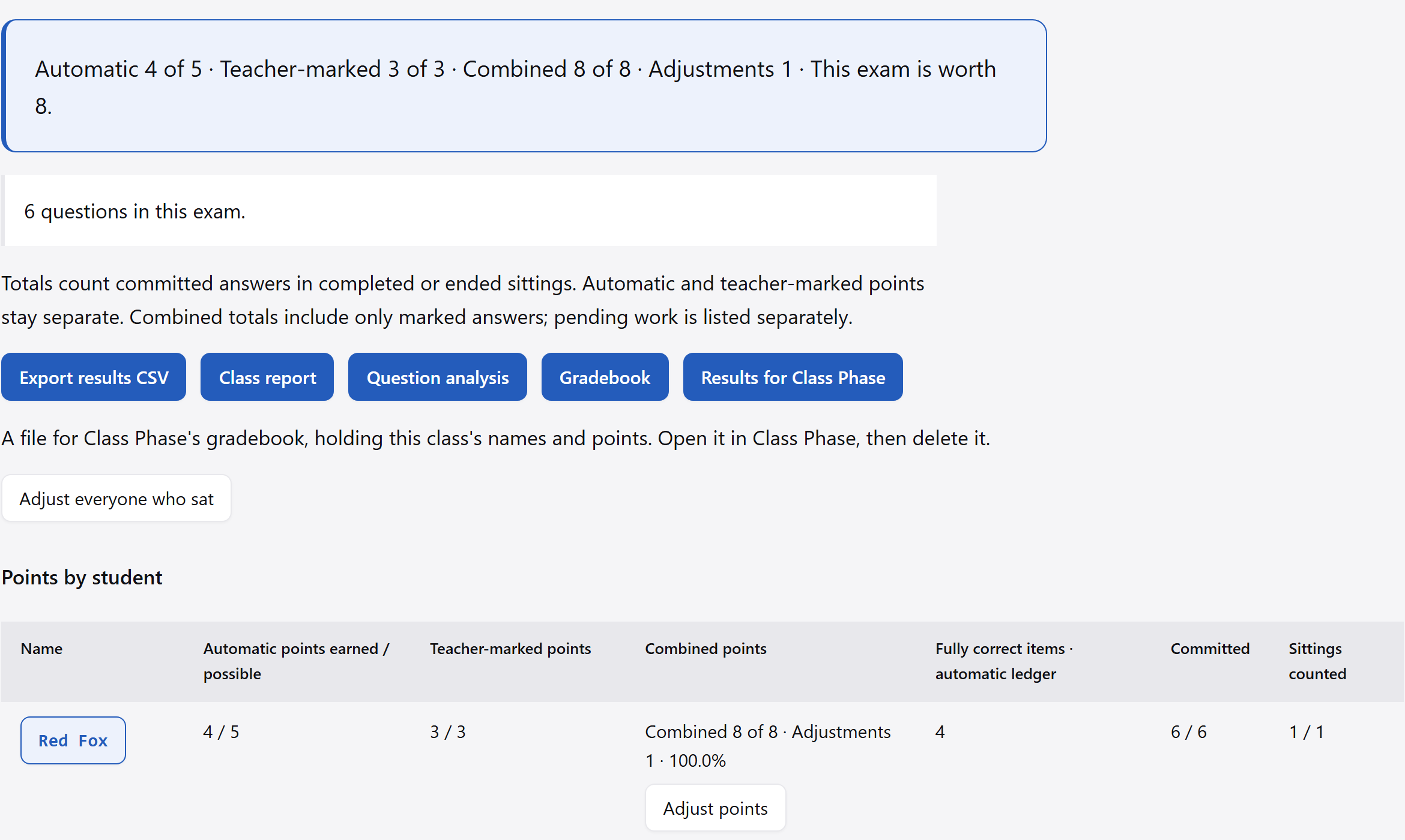 The Results for Class Phase button beside Gradebook in a class's results.