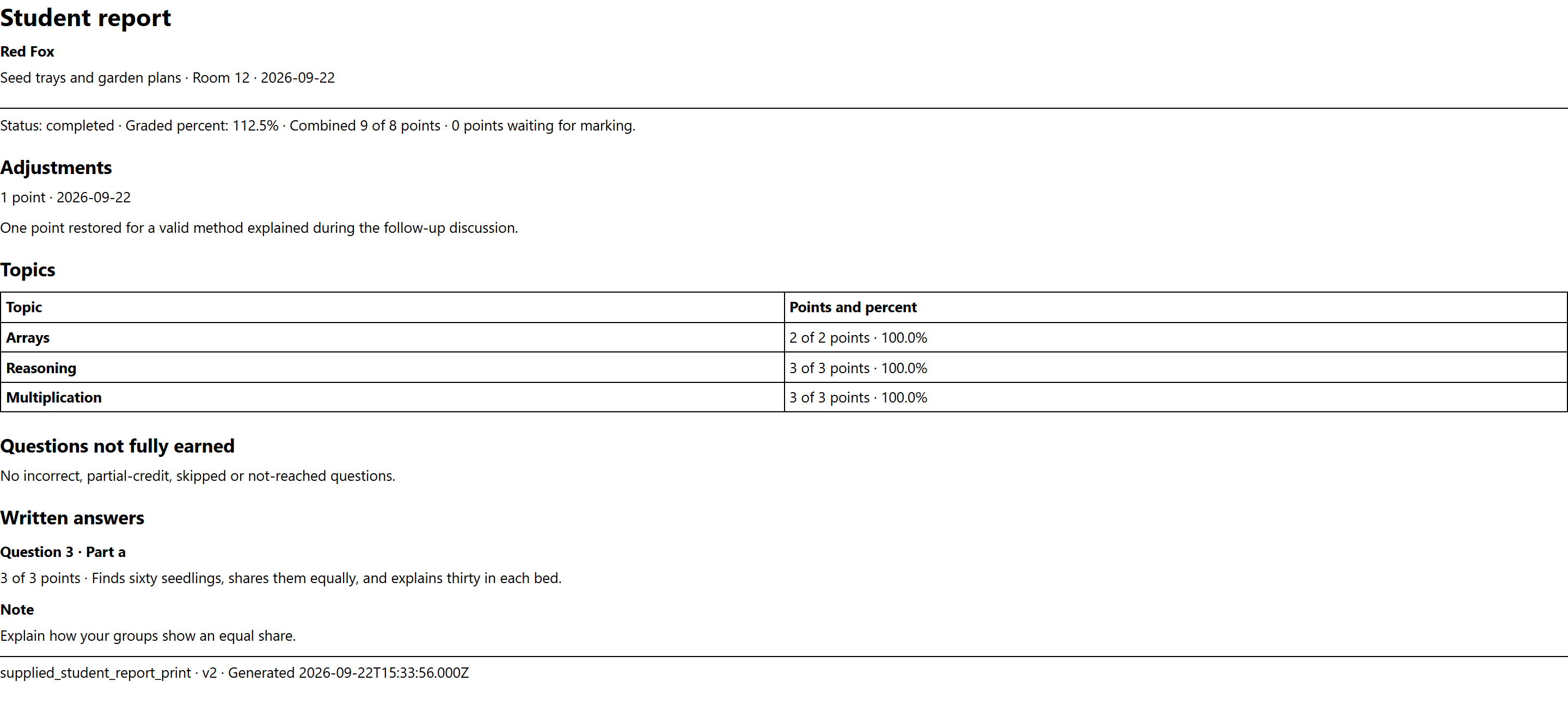 Written-answer points and a teacher note in a student report.